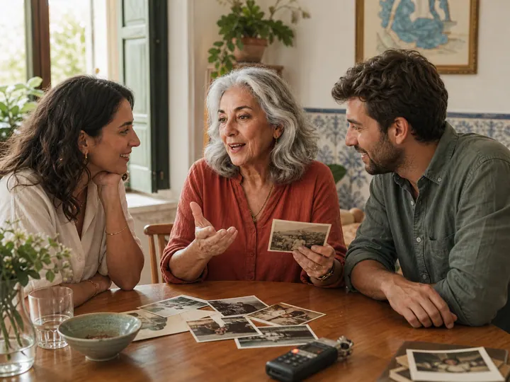 Carmen conversa con su hija y su nieto alrededor de fotografías familiares